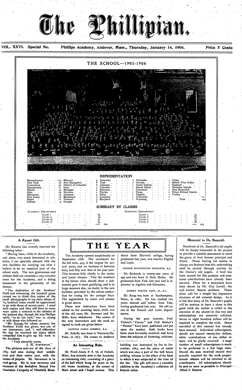 VOL. XXVI. Special No. Phillips Academy, Andover, Mass., Thursday, January 14, 1904