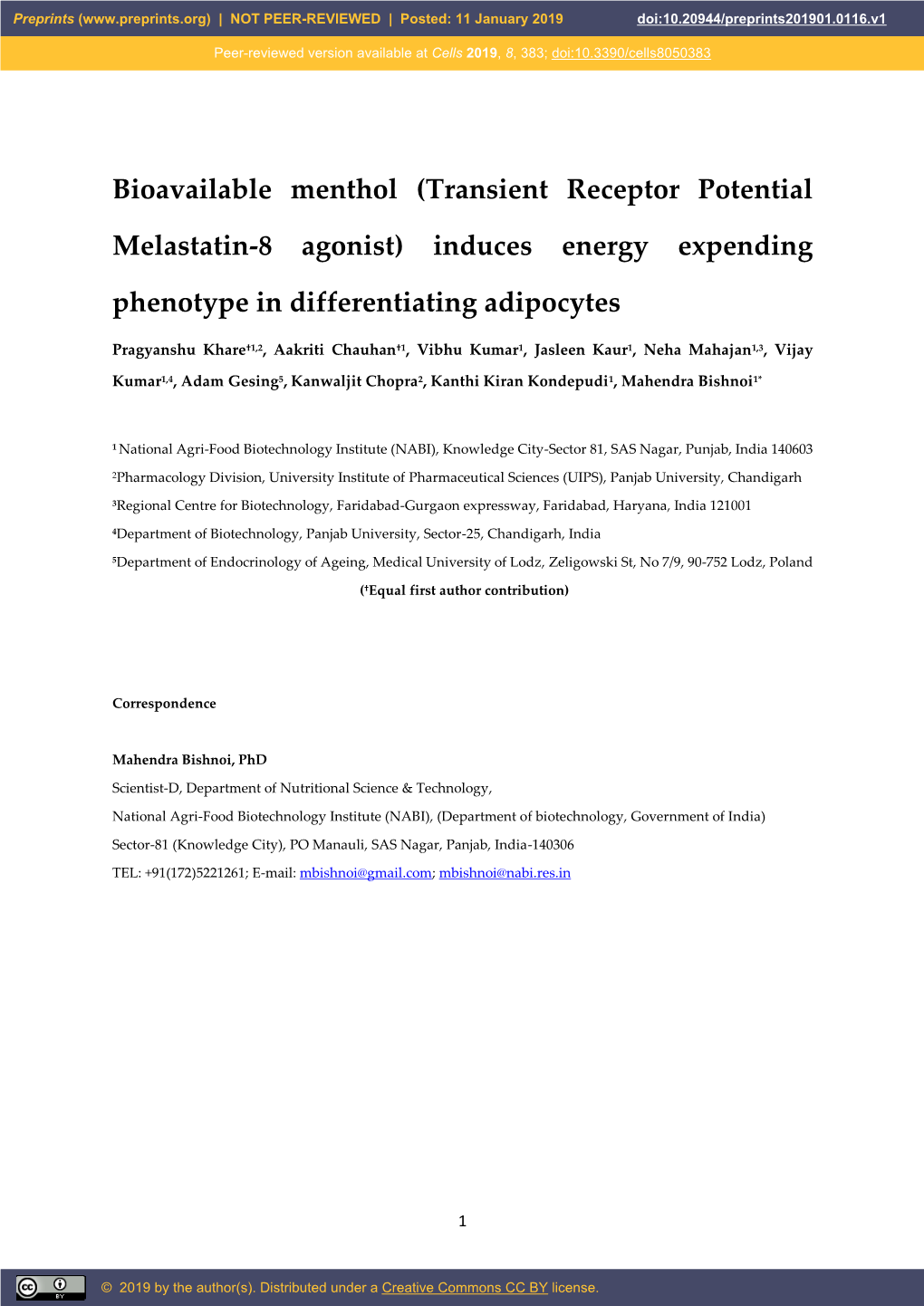 (Transient Receptor Potential Melastatin-8 Agonist) Induces Energy Expending Phenotype in Differentiating A