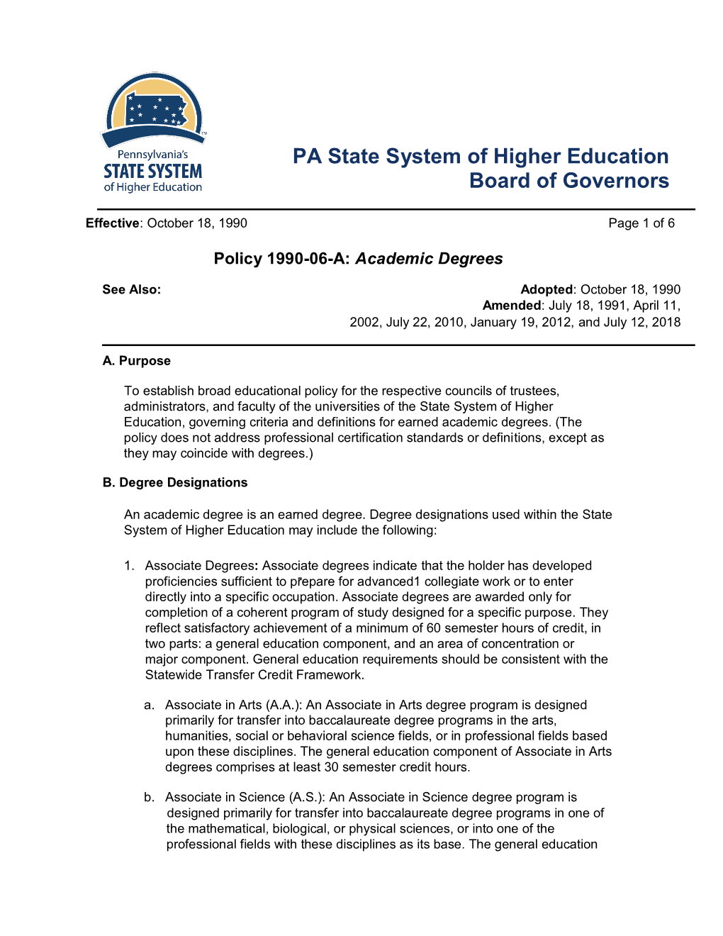 BOG Policy 1990-06-A: Academic Degrees