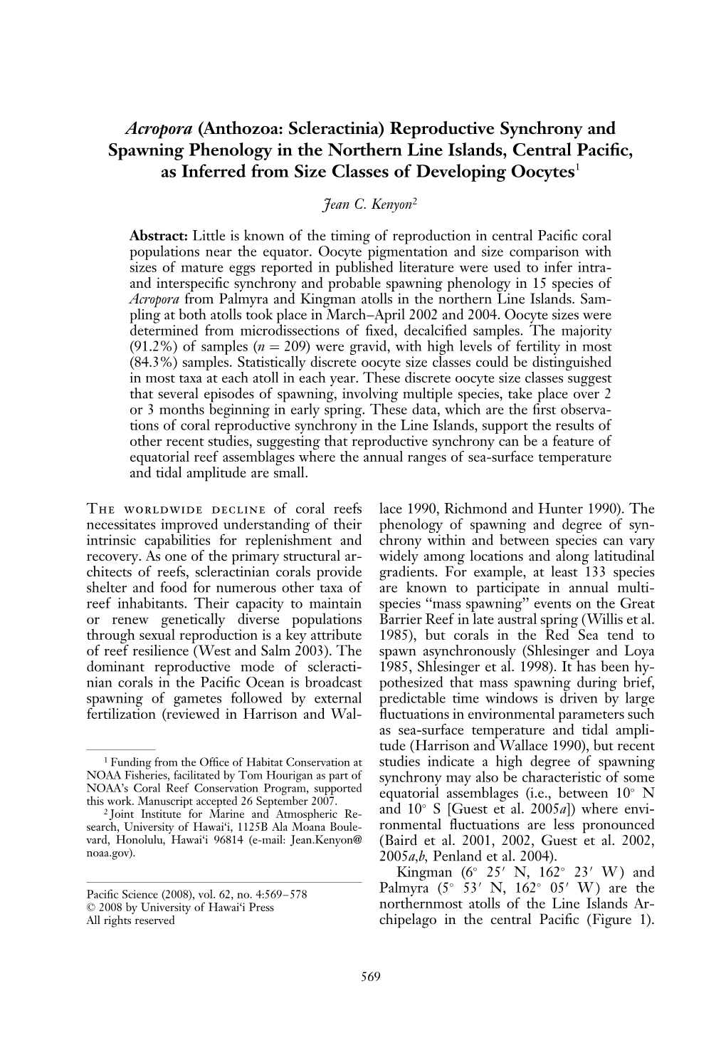 Acropora (Anthozoa: Scleractinia) Reproductive Synchrony And