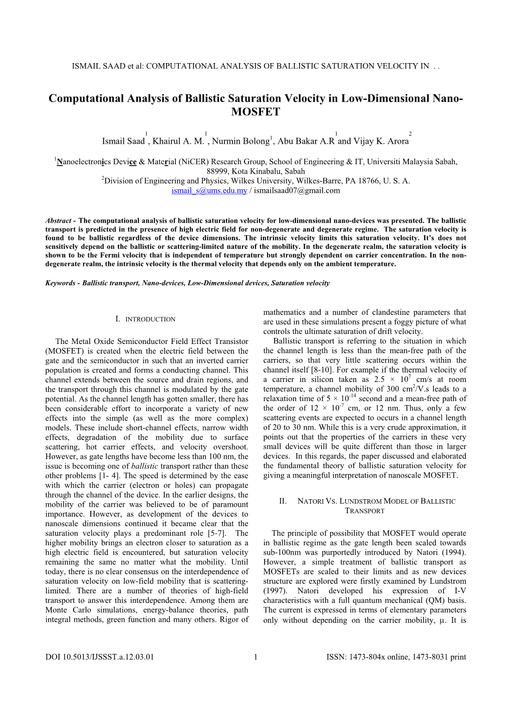 Computational Analysis of Ballistic Saturation Velocity in Low-Dimensional Nano- MOSFET