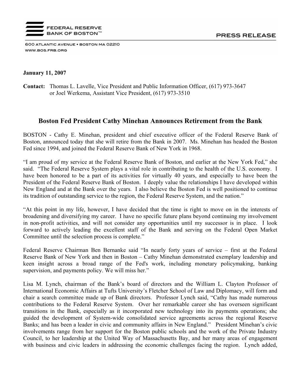 Press Release: Boston Fed President Cathy Minehan Announces