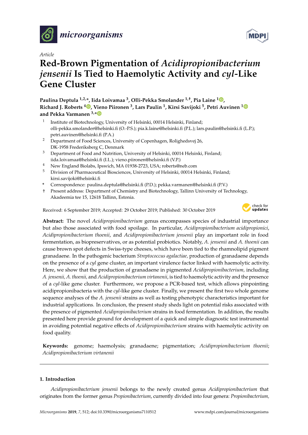 Red-Brown Pigmentation of Acidipropionibacterium Jensenii Is Tied to Haemolytic Activity and Cyl-Like Gene Cluster