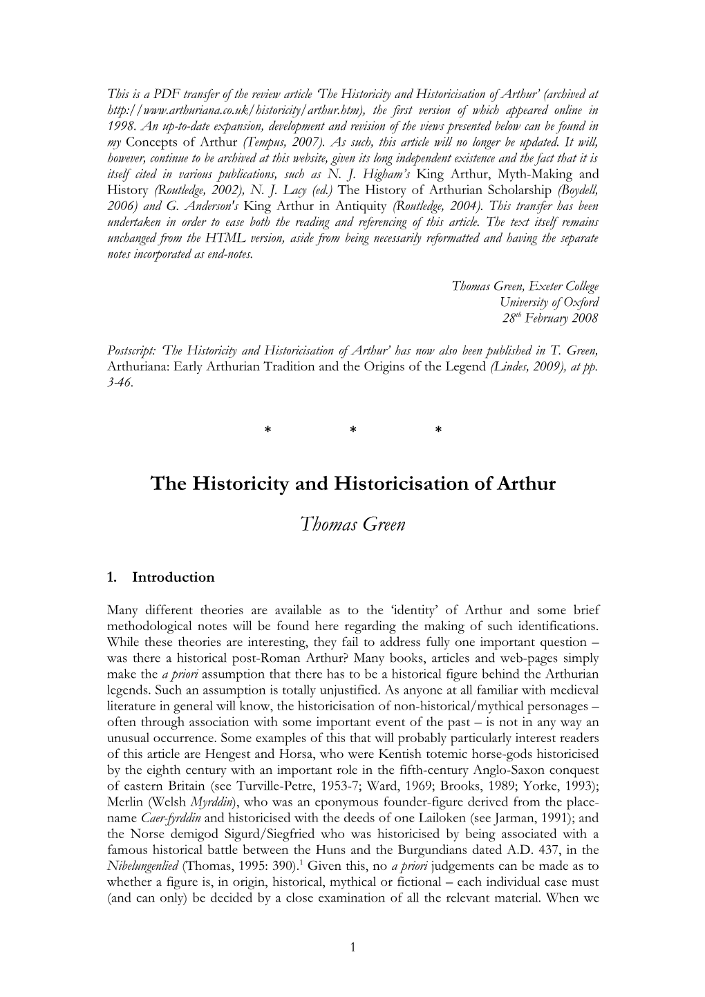 Thomas Green, 'The Historicity and Historicisation of Arthur'