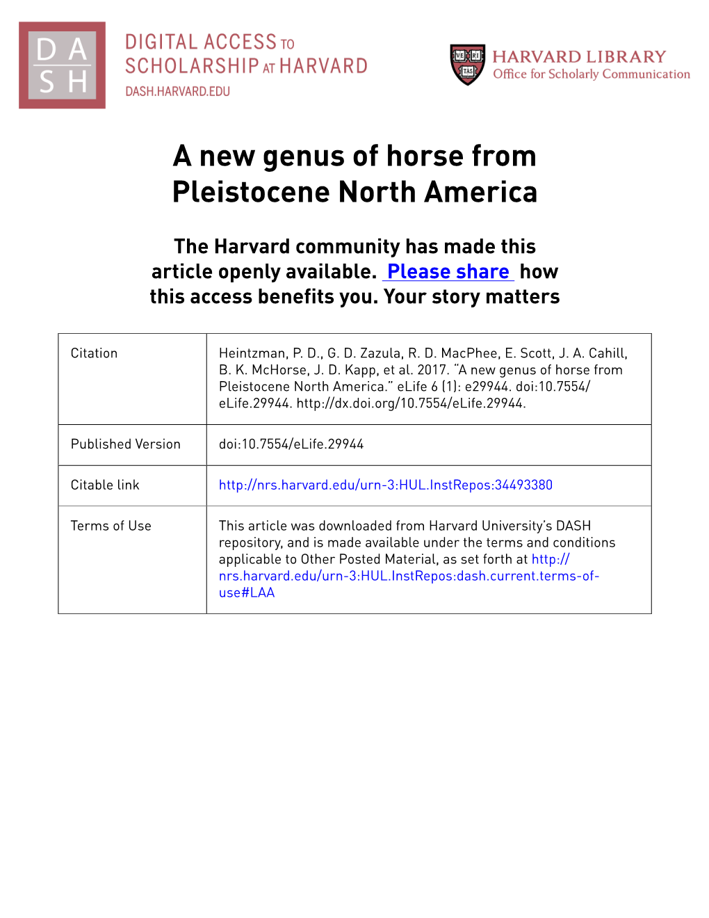 A New Genus of Horse from Pleistocene North America