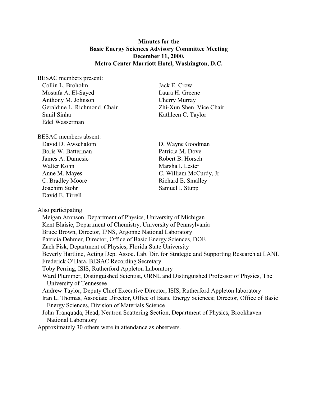 Minutes for the Basic Energy Sciences Advisory Committee Meeting December 11, 2000, Metro Center Marriott Hotel, Washington, D.C