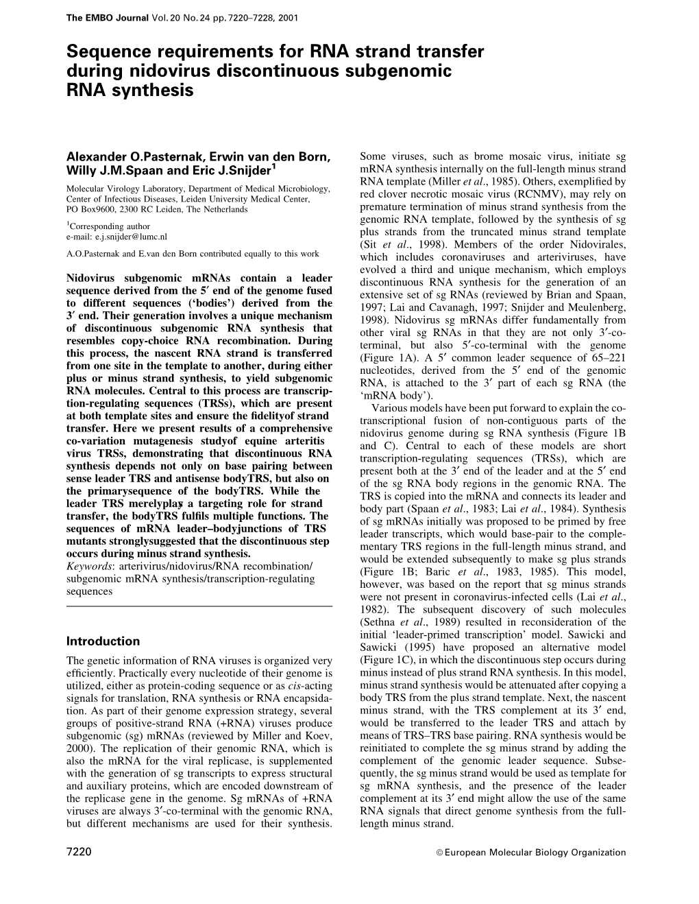 Sequence Requirements for RNA Strand Transfer During Nidovirus Discontinuous Subgenomic RNA Synthesis