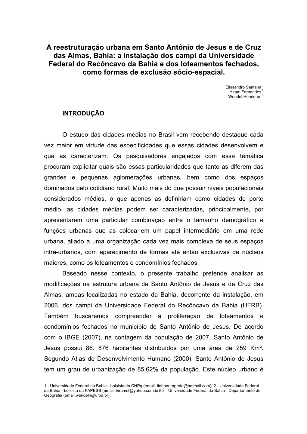 A Reestruturação Urbana Em Santo Antônio De Jesus E De Cruz Das Almas, Bahia