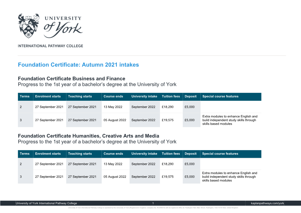 Foundation Certificate: Autumn 2021 Intakes