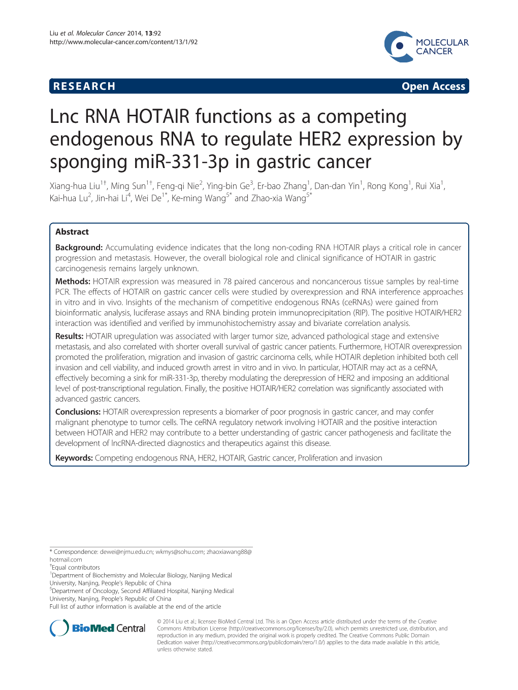 Lnc RNA HOTAIR Functions As a Competing Endogenous RNA To