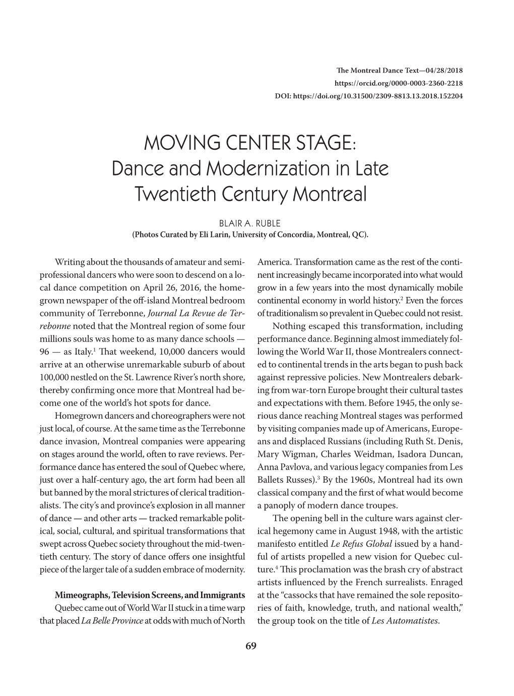 Dance and Modernization in Late Twentieth Century Montreal