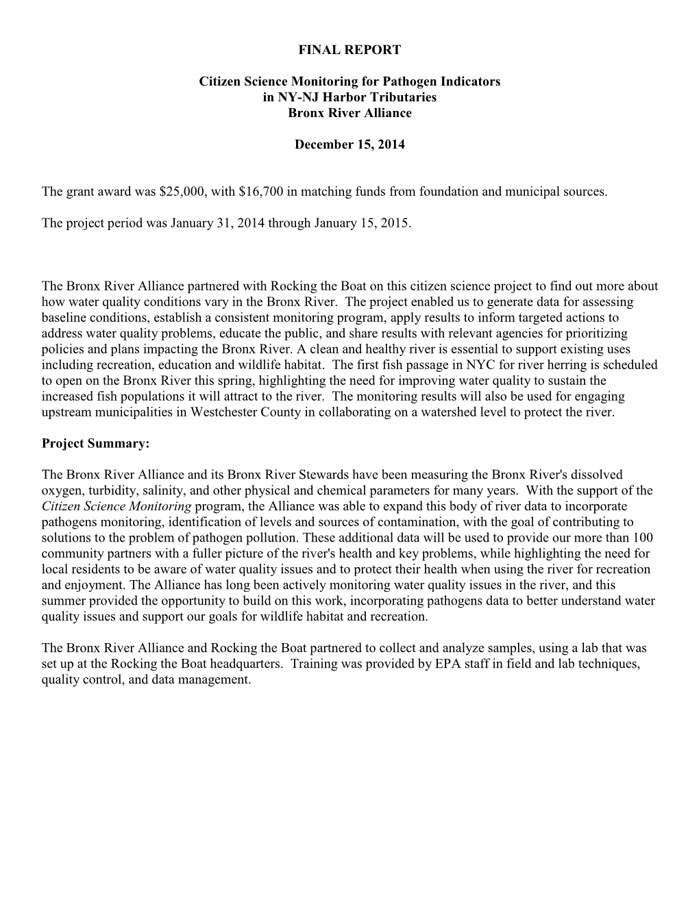 FINAL REPORT Citizen Science Monitoring for Pathogen Indicators