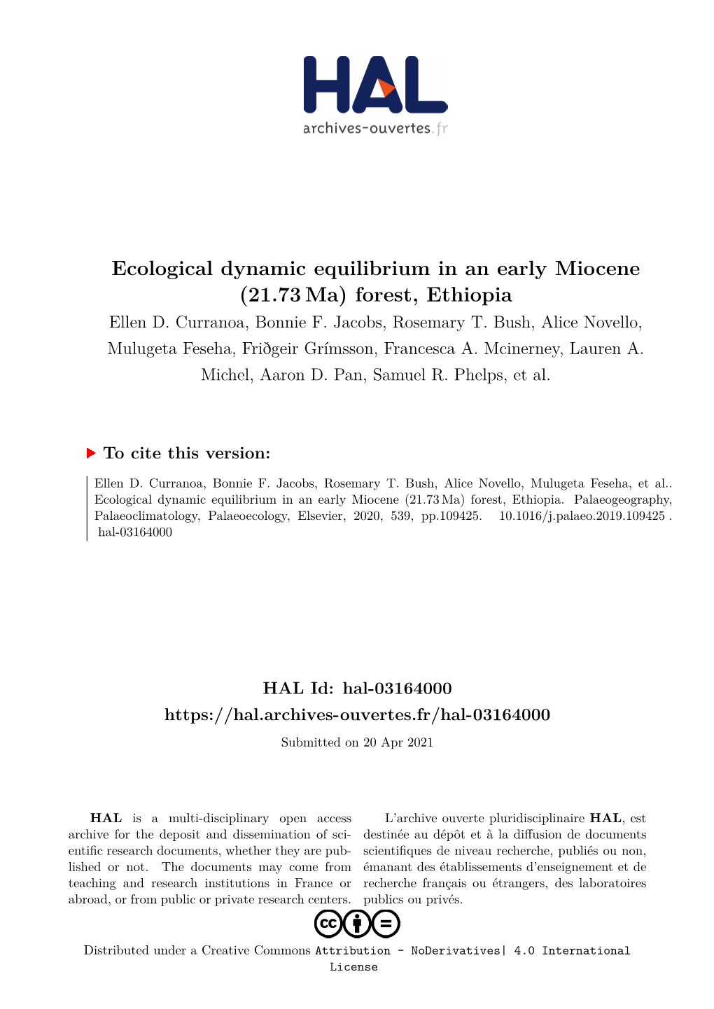 Ecological Dynamic Equilibrium in an Early Miocene (21.73 Ma) Forest, Ethiopia Ellen D