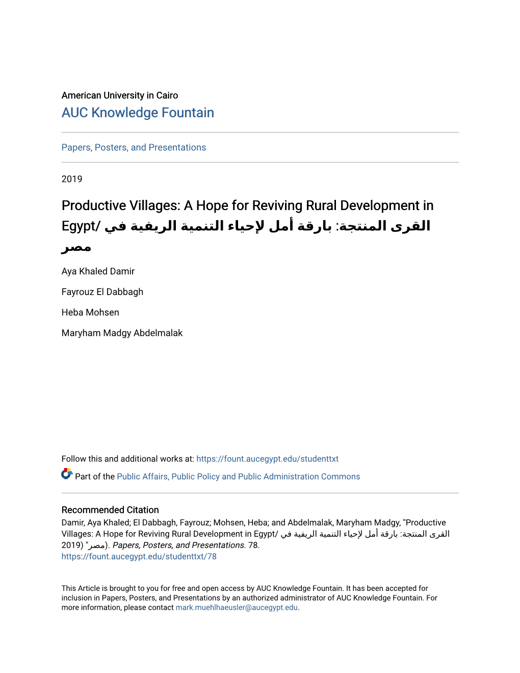 A Hope for Reviving Rural Development in Egypt .Papers, Posters, and Presentations
