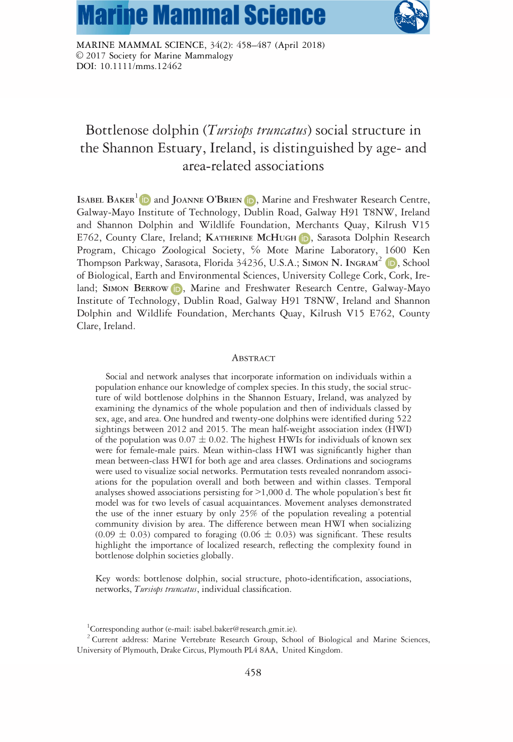 Bottlenose Dolphin Social Structure in the Shannon Estuary, Ireland, Is