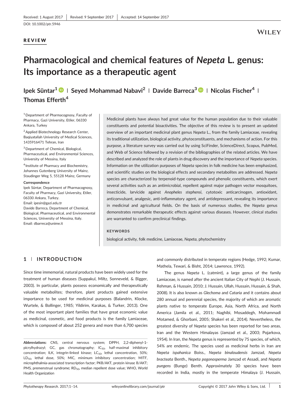 Pharmacological and Chemical Features of Nepeta L. Genus: Its Importance As a Therapeutic Agent