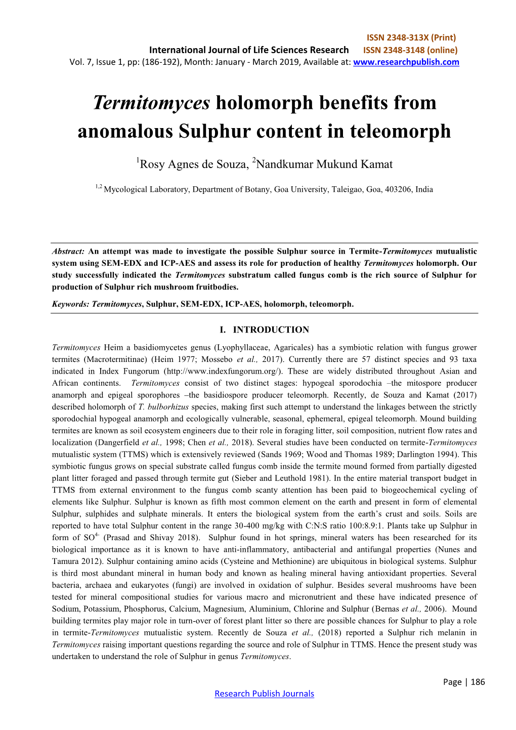 Termitomyces Holomorph Benefits from Anomalous Sulphur Content in Teleomorph