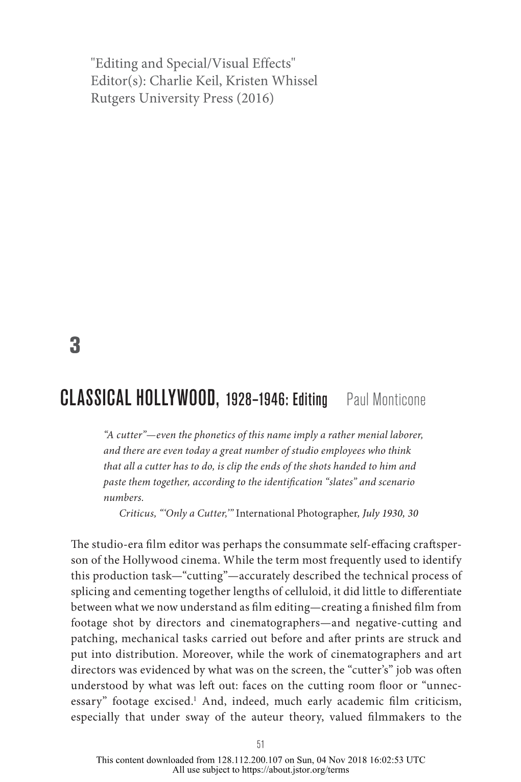 CLASSICAL HOLLYWOOD, 1928–1946: Editing Paul Monticone