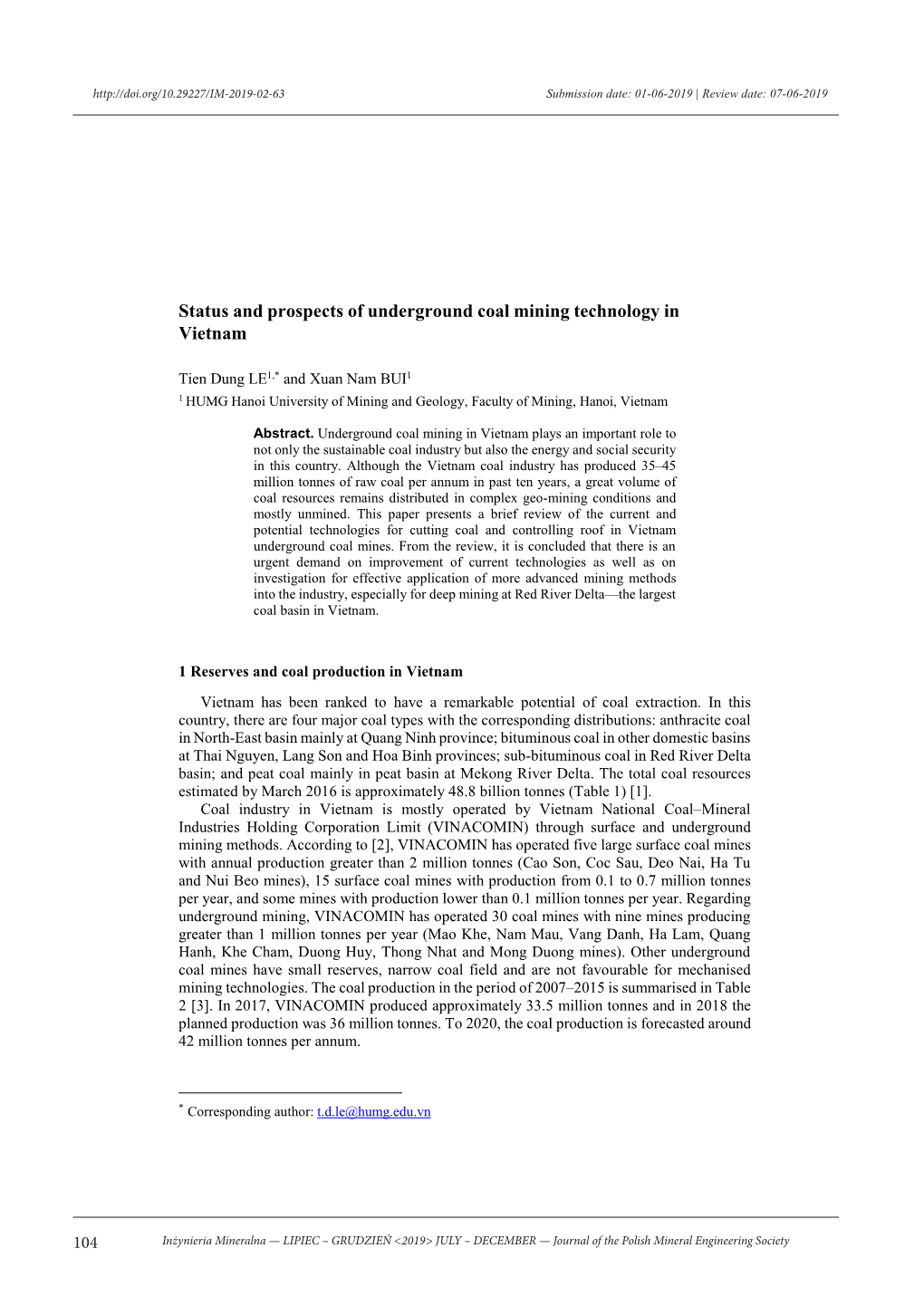 Status and Prospects of Underground Coal Mining Technology in Vietnam