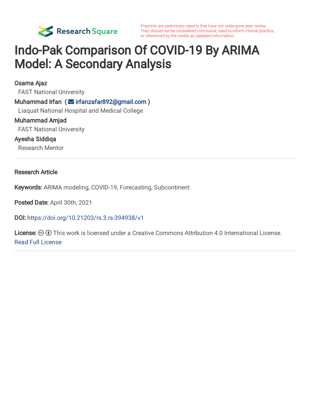 Indo-Pak Comparison of COVID-19 by ARIMA Model: a Secondary Analysis