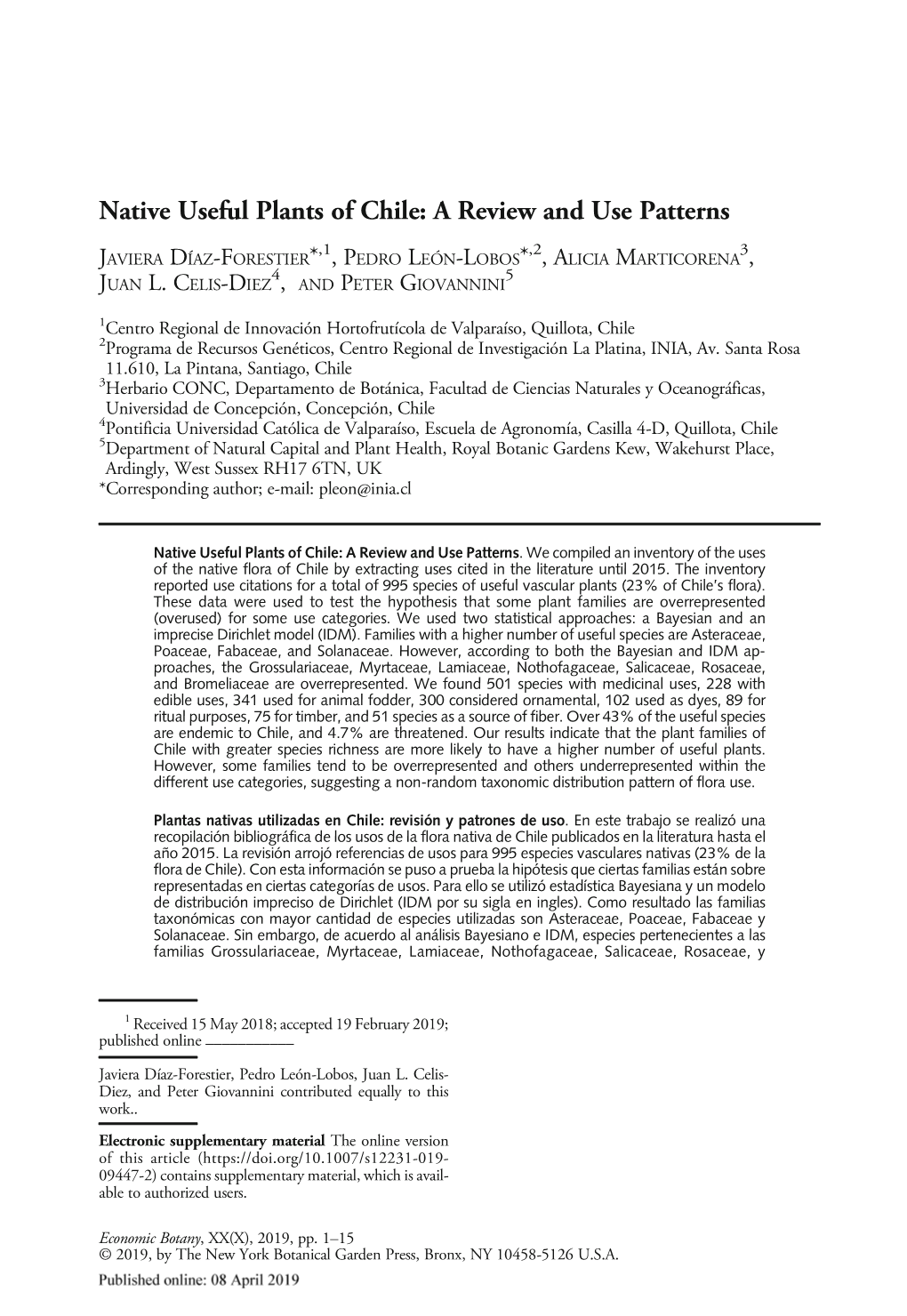 Native Useful Plants of Chile: a Review and Use Patterns