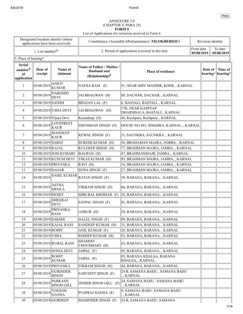 FORM 9 List of Applications for Inclusion Received in Form 6