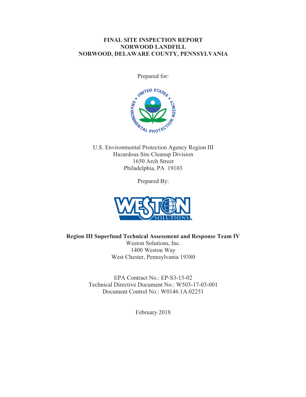 Final Site Inspection Report Norwood Landfill Norwood, Delaware County, Pennsylvania