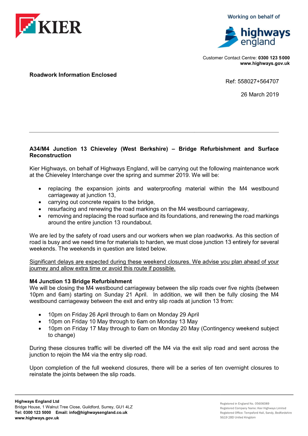 M4 J13 Chieveley Weekend Closures Letter