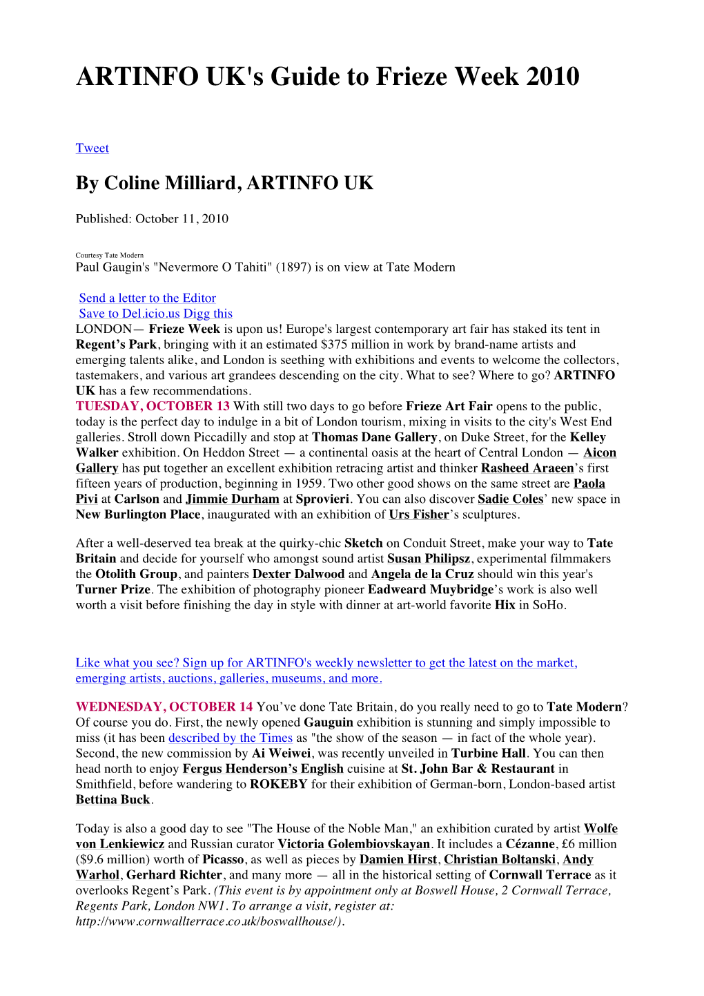 ARTINFO UK's Guide to Frieze Week 2010