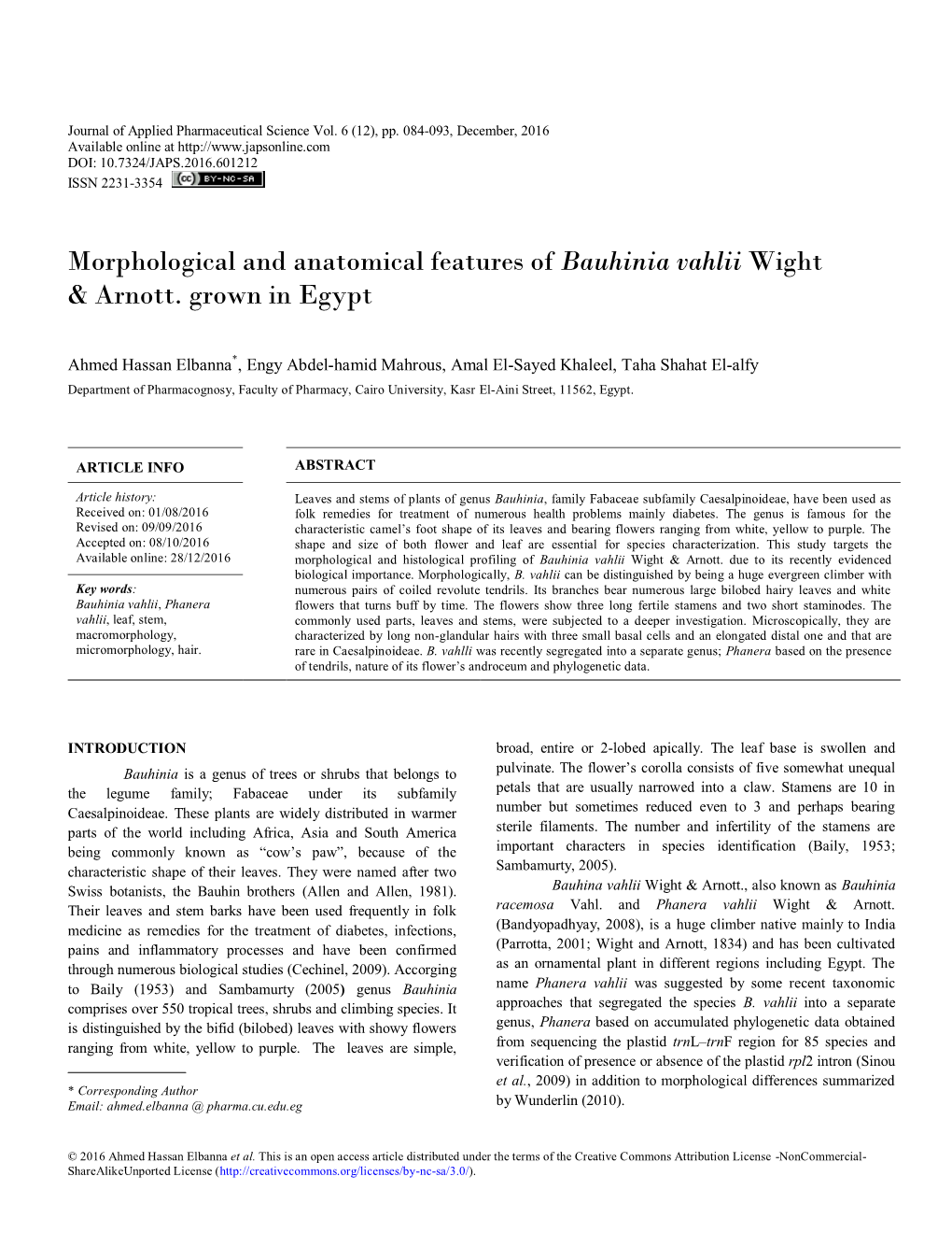 Morphological and Anatomical Features of Bauhinia Vahlii Wight & Arnott