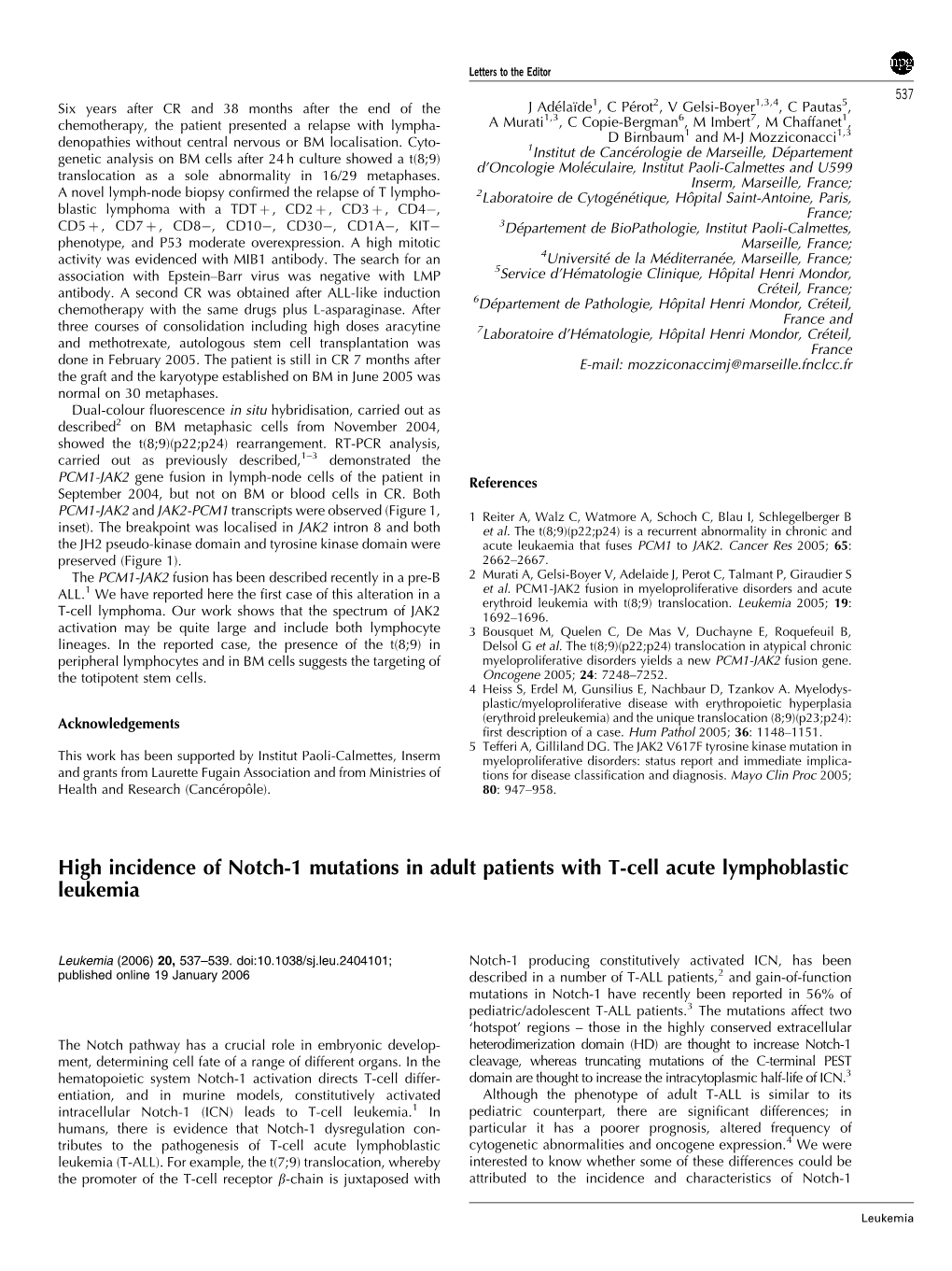 High Incidence of Notch-1 Mutations in Adult Patients with T-Cell Acute Lymphoblastic Leukemia