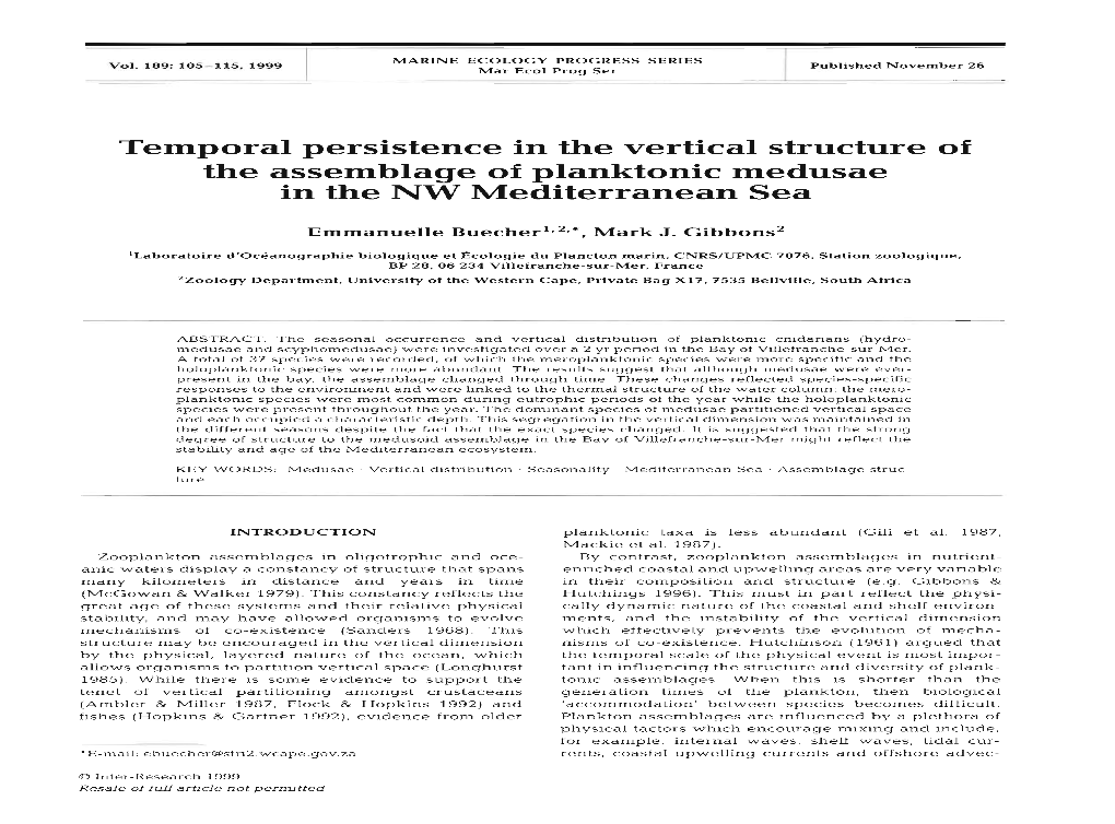 Temporal Persistence in the Vertical Structure of the Assemblage of Planktonic Medusae in the NW Mediterranean Sea