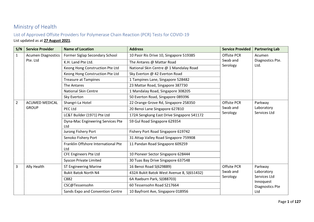 Ministry of Health List of Approved Offsite Providers for Polymerase Chain Reaction (PCR) Tests for COVID-19 List Updated As at 27 August 2021