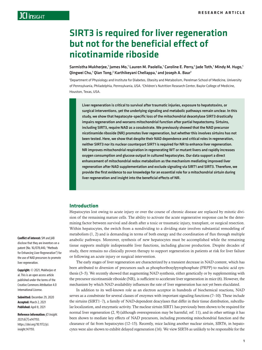 SIRT3 Is Required for Liver Regeneration but Not for the Beneficial Effect of Nicotinamide Riboside