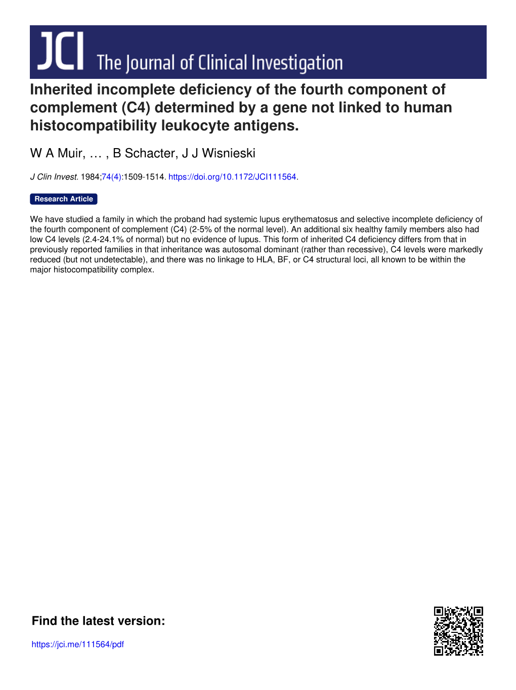 C4) Determined by a Gene Not Linked to Human Histocompatibility Leukocyte Antigens