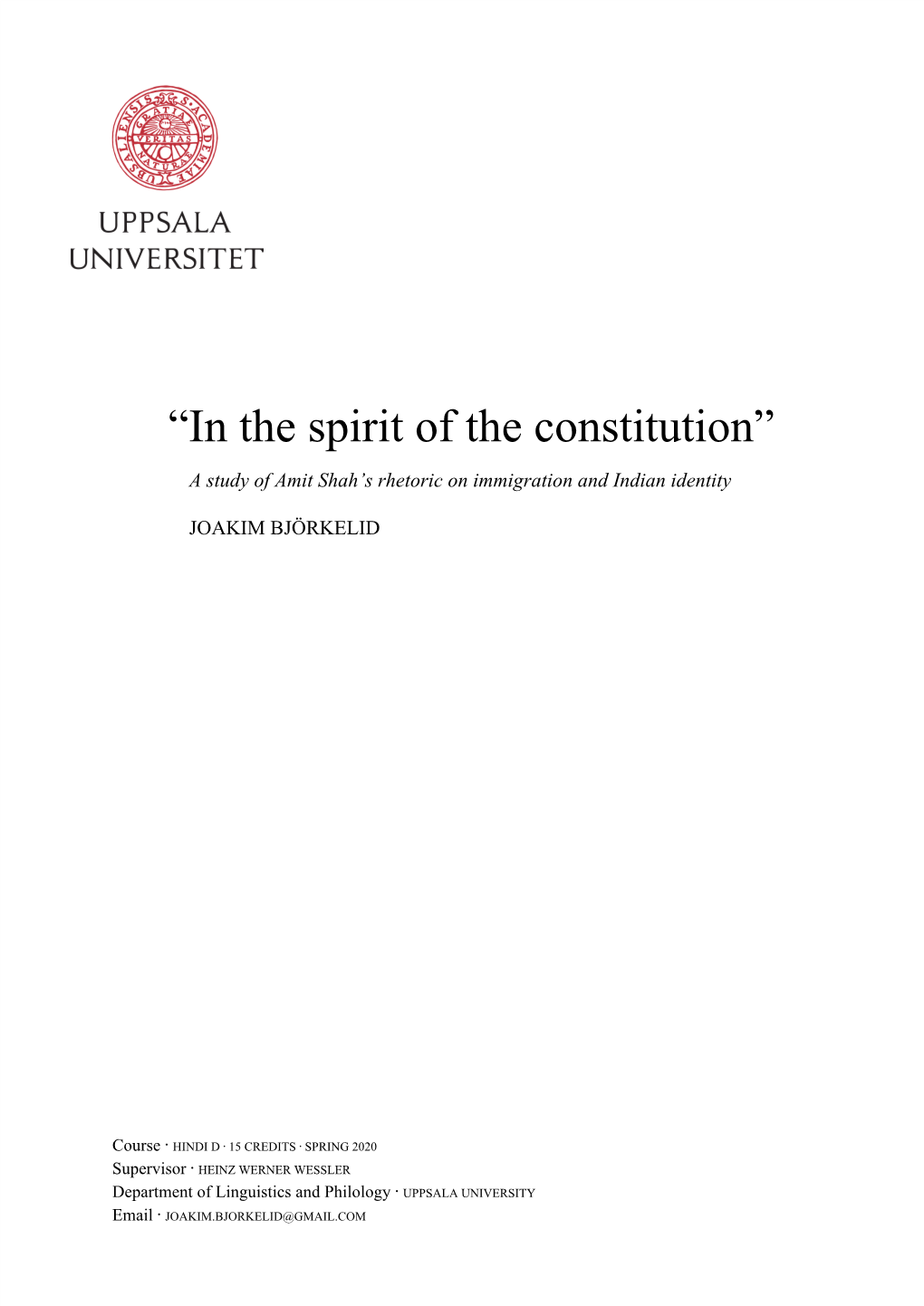 “In the Spirit of the Constitution” a Study of Amit Shah’S Rhetoric on Immigration and Indian Identity