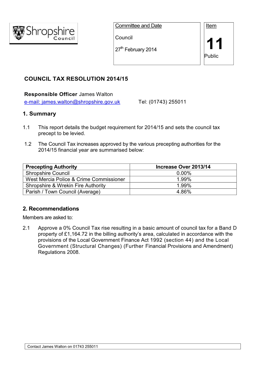 COUNCIL TAX RESOLUTION 2014/15 1. Summary 2
