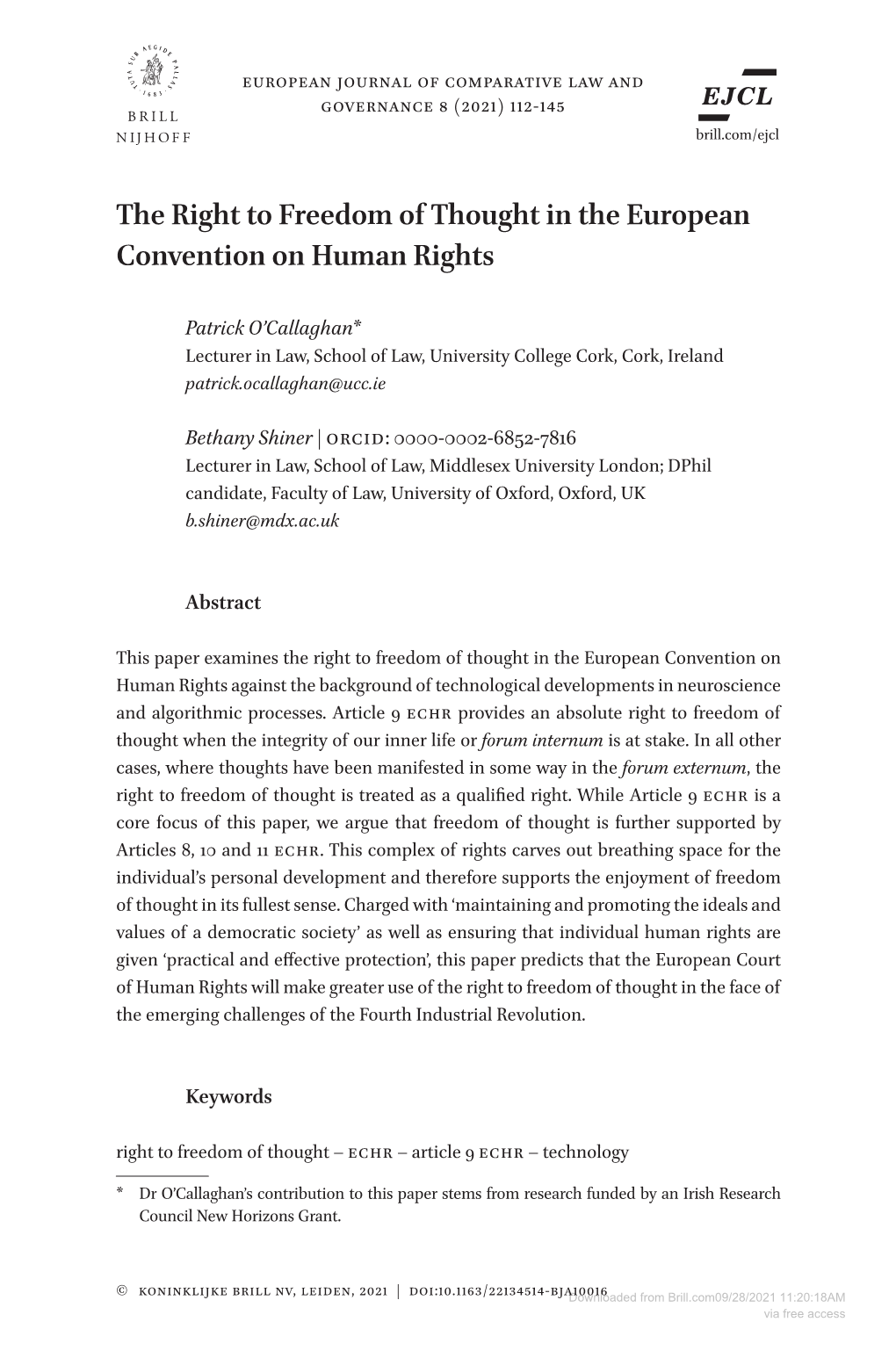 Downloaded from Brill.Com09/28/2021 11:20:18AM Via Free Access European Convention on Human Rights 113