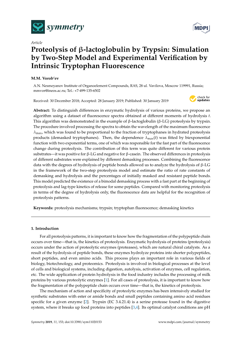 Proteolysis of -Lactoglobulin by Trypsin: Simulation by Two-Step Model