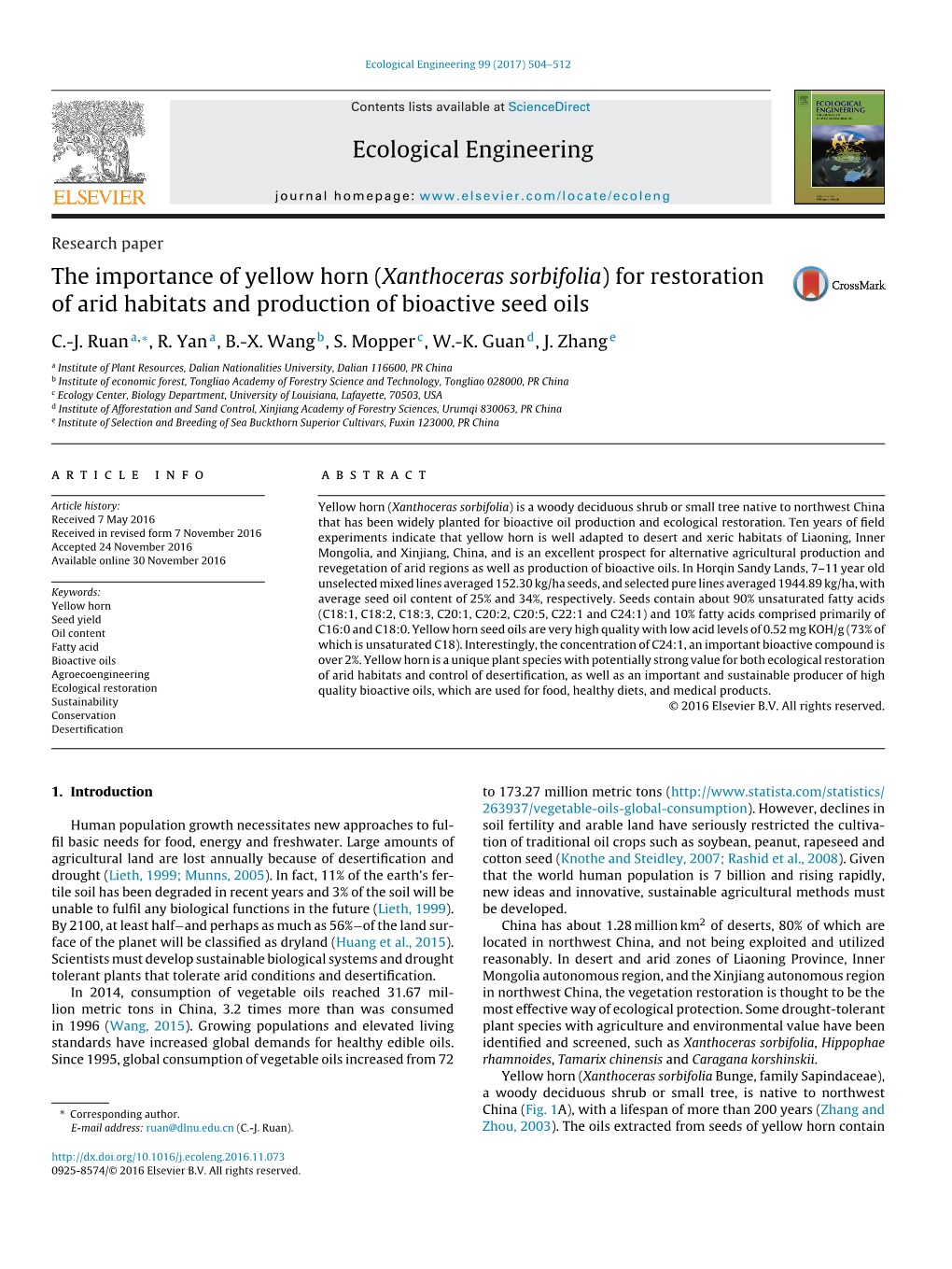 The Importance of Yellow Horn (Xanthoceras Sorbifolia) for Restoration