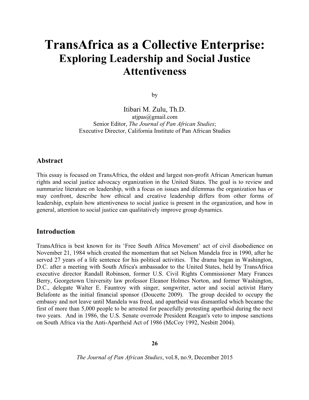 Transafrica As a Collective Enterprise: Exploring Leadership and Social Justice Attentiveness