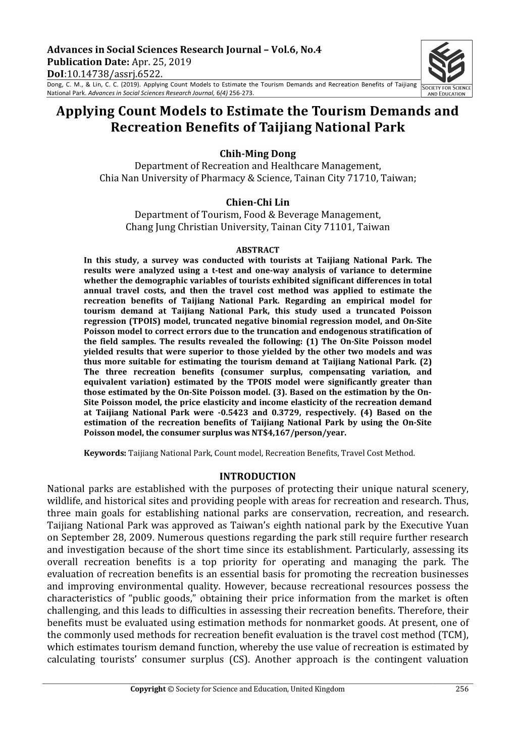 Applying Count Models to Estimate the Tourism Demands and Recreation Benefits of Taijiang National Park