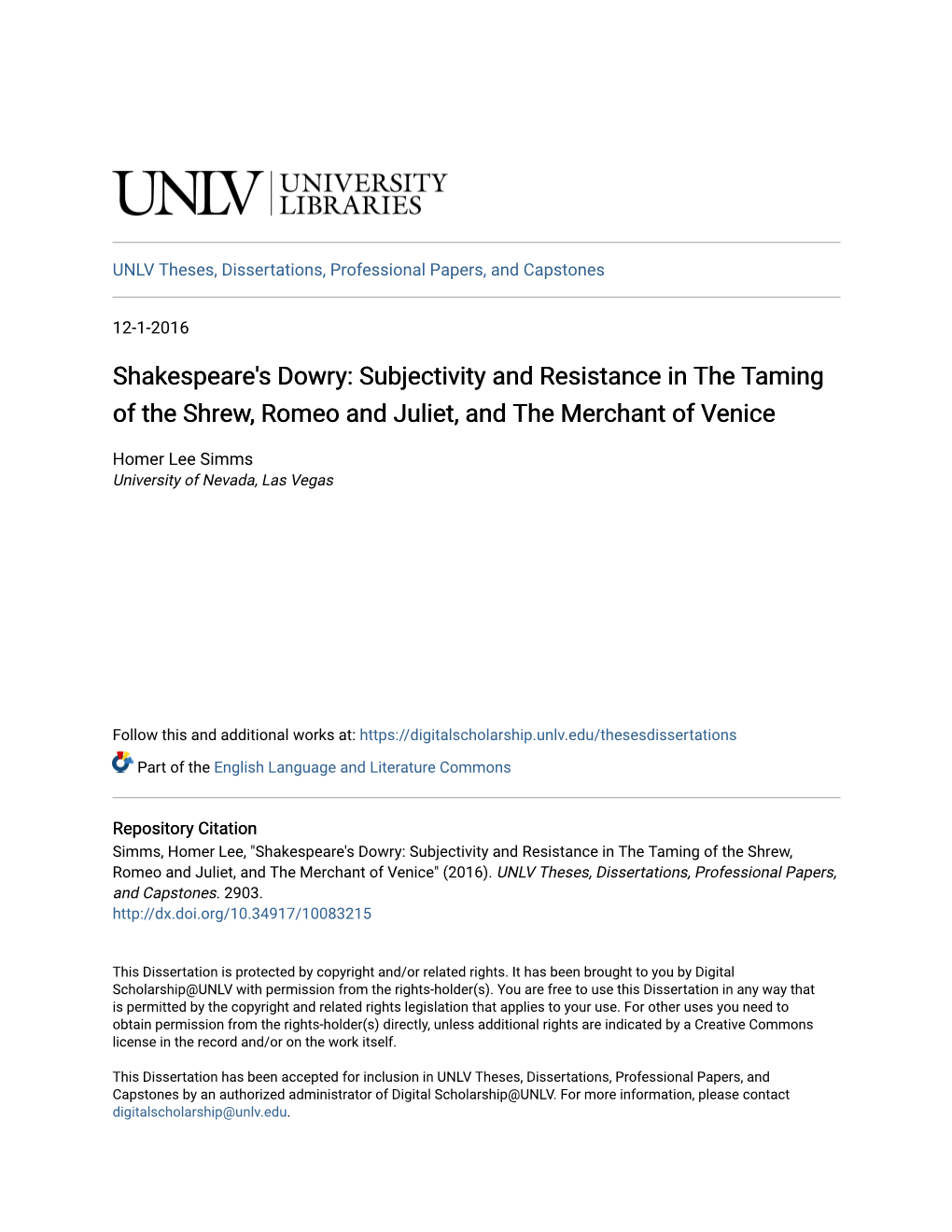 Shakespeare's Dowry: Subjectivity and Resistance in the Taming of the Shrew, Romeo and Juliet, and the Merchant of Venice