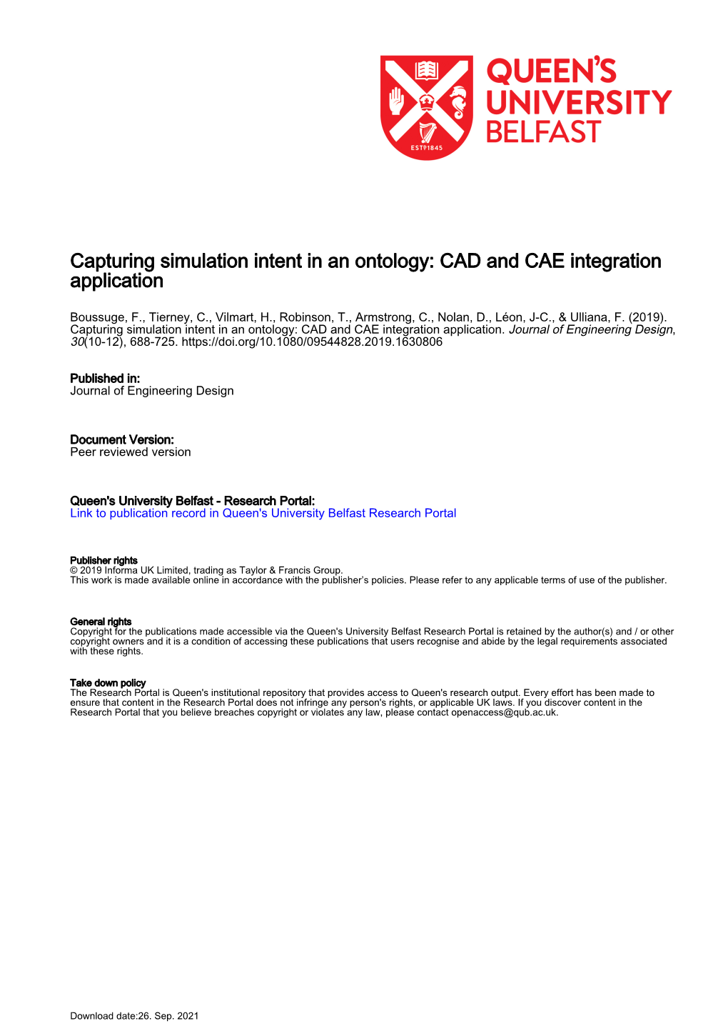 Capturing Simulation Intent in an Ontology: CAD and CAE Integration Application