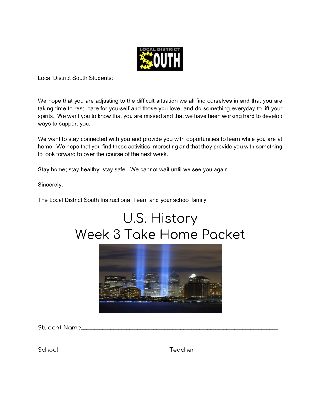 U.S. History Week 3 Take Home Packet