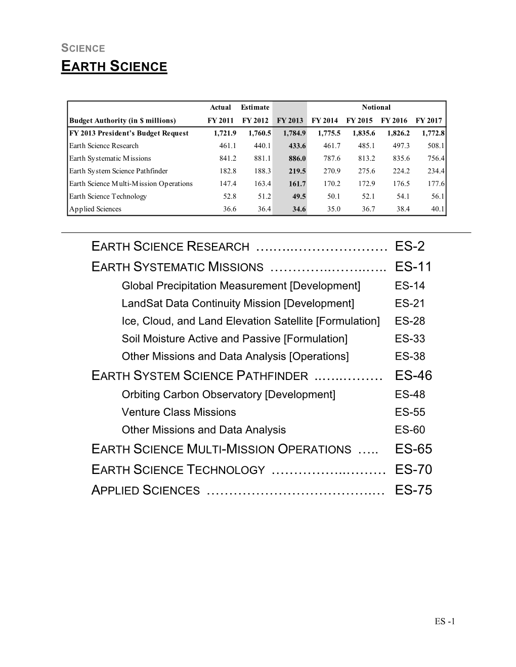NASA FY13 Budget Estimates--Earth Science Detail