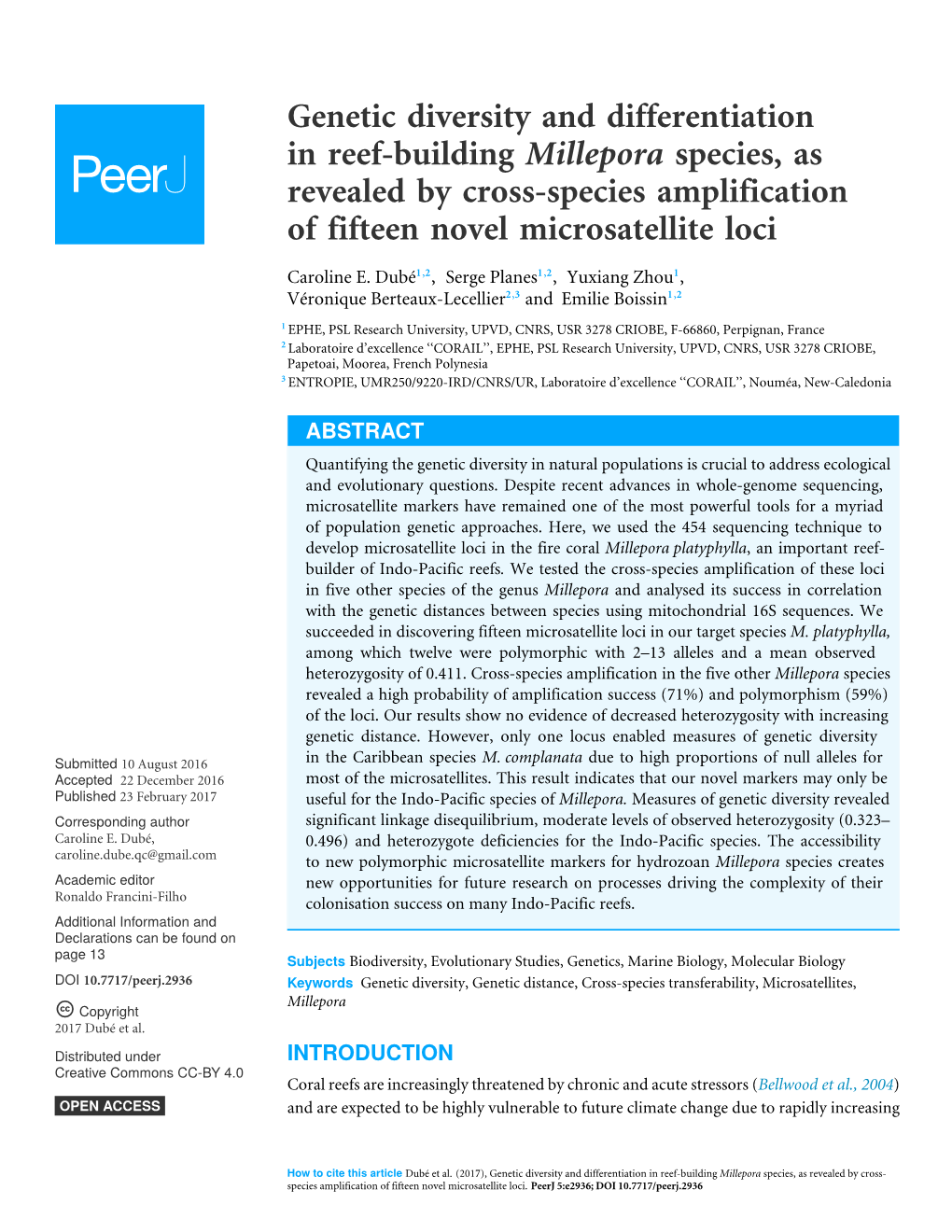 Genetic Diversity and Differentiation in Reef-Building Millepora Species, As Revealed by Cross-Species Amplification of Fifteen Novel Microsatellite Loci