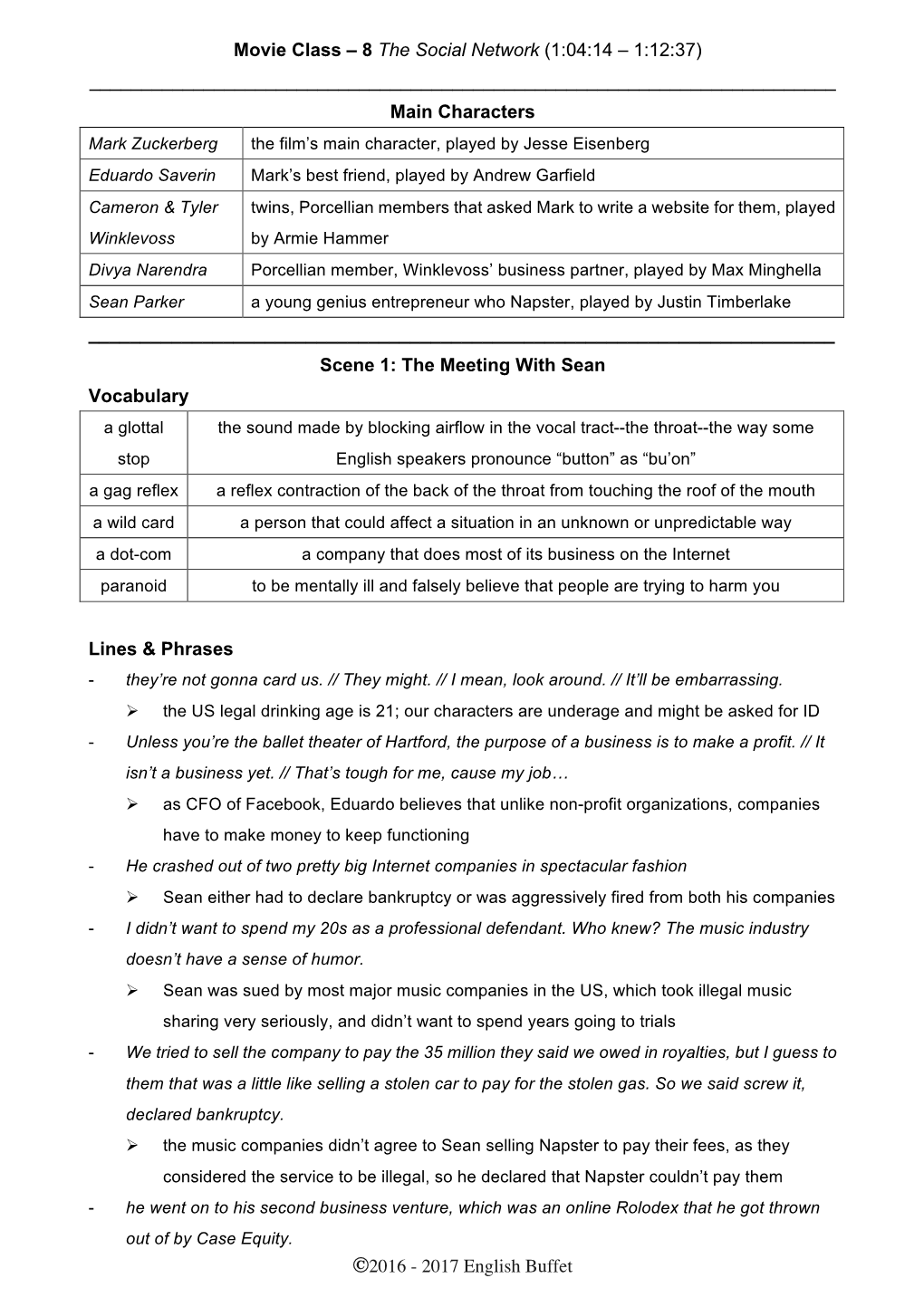 Movie Class 8 (Wk 32) the Social Network Script & Vocab