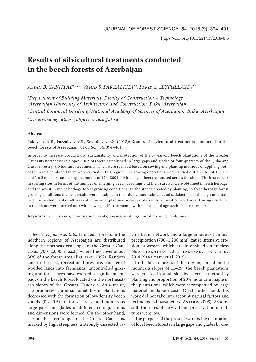 Results of Silvicultural Treatments Conducted in the Beech Forests of Azerbaijan