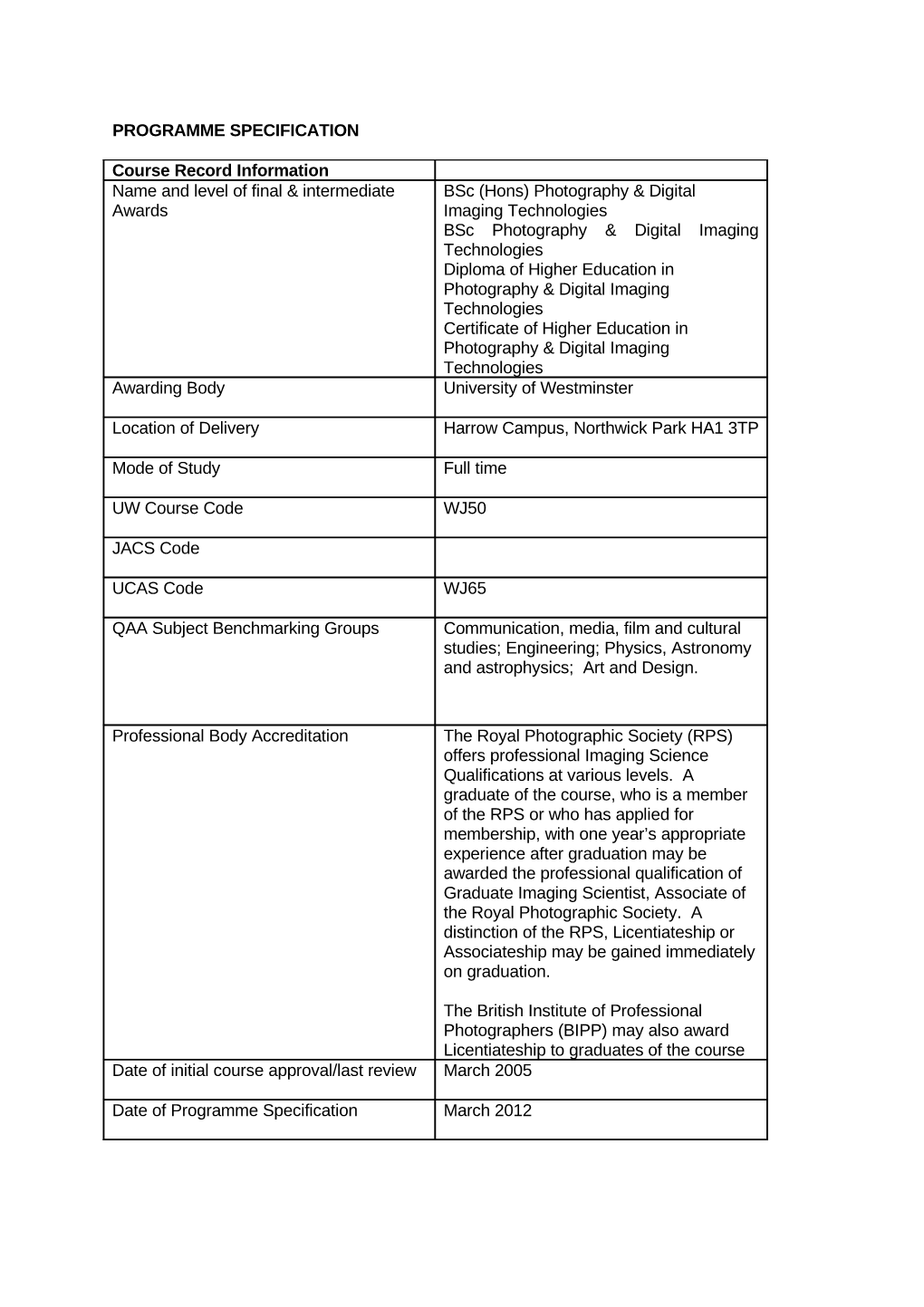 PROGRAMME SPECIFICATION Course Record Information Name and Level of Final & Intermediate Awards Bsc (Hons) Photography &